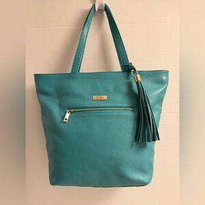 Onna Ehrlich Teal Pebbled Leather Tote Bag Tassel Accent Gold Hardware